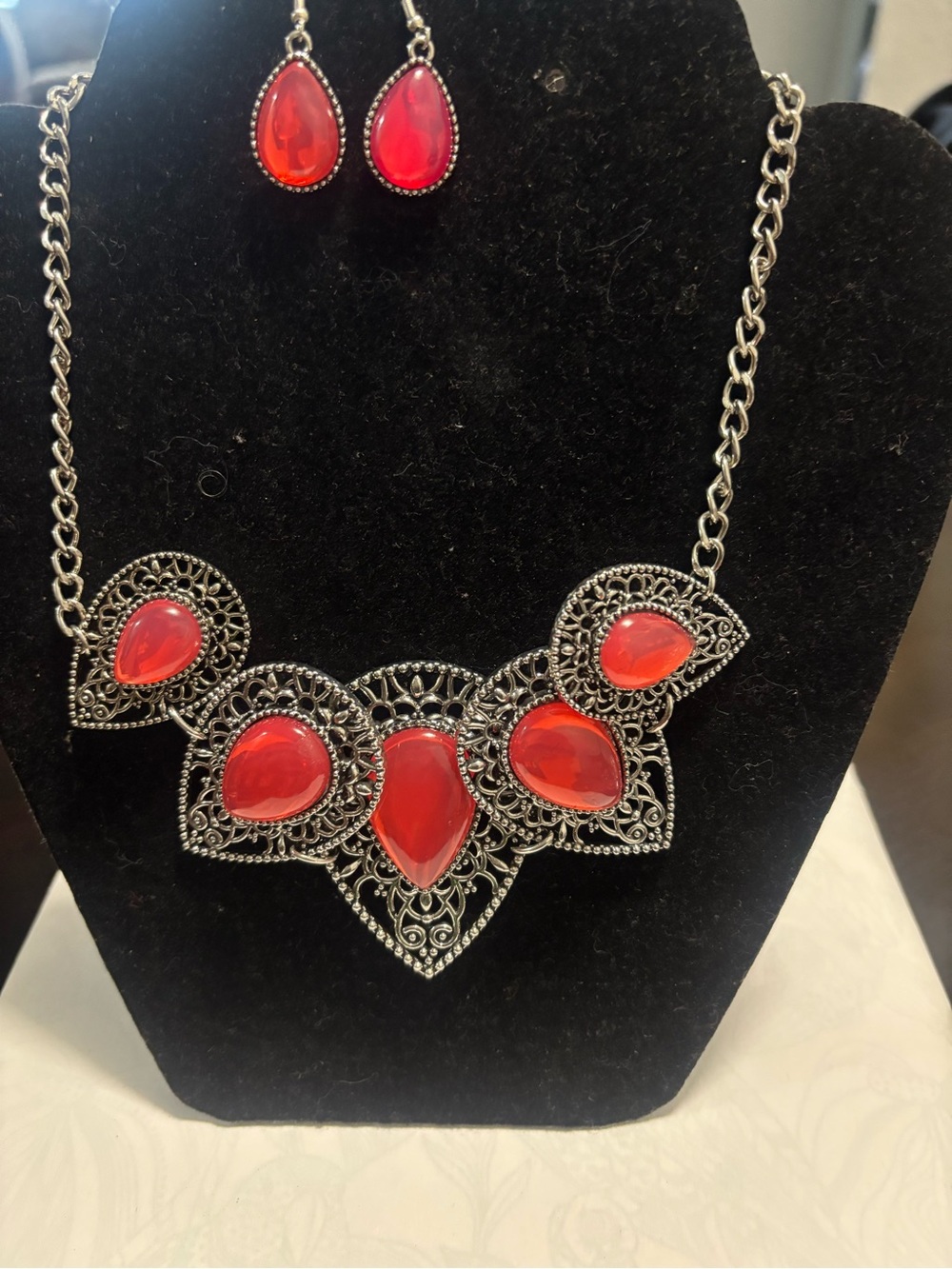 paparazzi Red Teardrop Filigree Necklace & Earrings Set